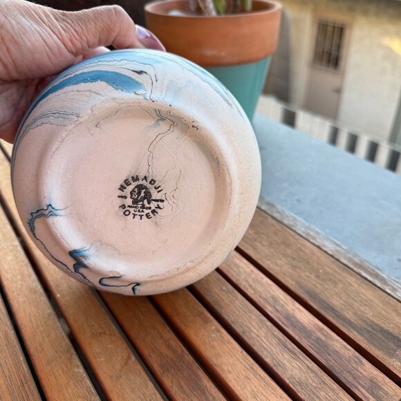 Handmade Nemadji Pottery Bowl With Blue & Orange Swirl Design - Picture 5 of 6